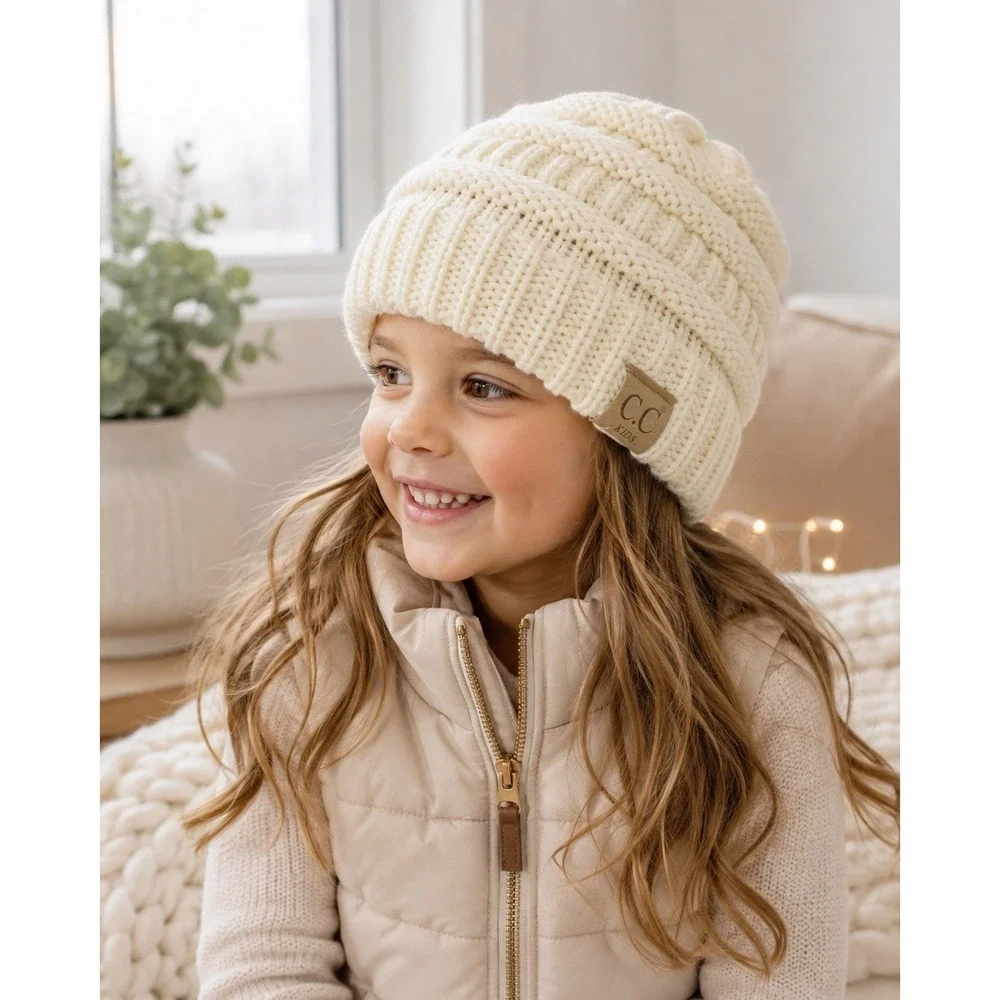 C.C Kids Ivory Cable Knit Fuzzy Lined Beanie Winter Hat Cream